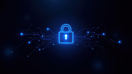 A digital illustration featuring a network of blue lines with a central icon representing an open lock symbolizing internet security or data encryption.
