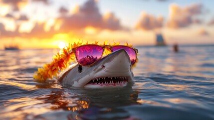 Sunset beach party vibes with a funky shark sporting garland and sunglasses in the water