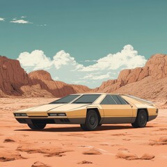 Obraz premium Futuristic Car in Desert Landscape with Mountains and Cloudy Sky