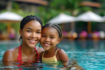 Smiling African American woman and girl enjoying time together in a swimming pool, surrounded by lush greenery and sun loungers, capturing joyful moments of family bonding