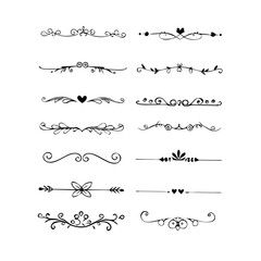 Obraz premium Text dividers doodle set. Wedding decorative elements. Divider ornament, borders, vintage line separators. Hand drawn vector illustration isolated on white background