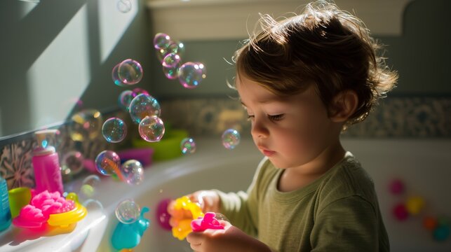 Young child plays joyfully with colorful bath toys while bubbles float in the air in a sunlit bathroom