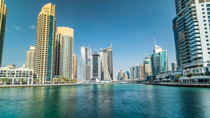 Dubai Marina towers and canal in Dubai timelapse hyperlapse