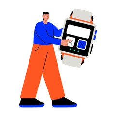 A flat style illustration showing a person using smartwatch