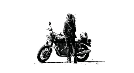 Obraz premium Vector black silhouette of a motorcyclist next to a motorcycle .Generative AI