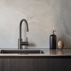 Modern Kitchen Sink with Dark Faucet and Neutral Stone Countertop