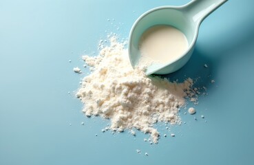 Close-up view of baby milk formula powder and spoon on blue tile background. Baby food preparation measuring. Nourishment, dairy, infant food, ingredient concept. Healthy meal, nutrition, diet.