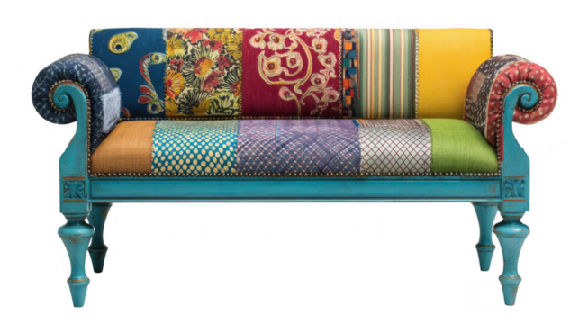 Eclectic bench featuring playful patchwork upholstery in vibrant colors and patterns, complemented by a painted wooden frame and decorative nailhead trim, isolated on a transparent background