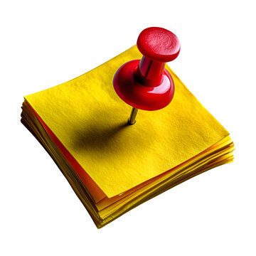 Yellow sticky note with red push pin top corner, shadow effect,
