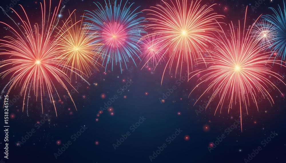 Poster vibrant firework display against dark night sky. colorful bursts explode, various patterns, dynamic 