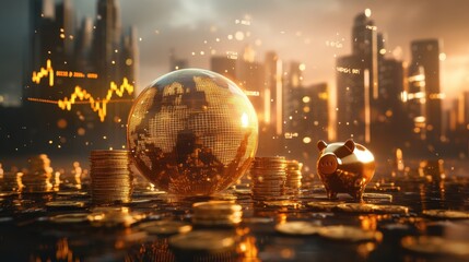 Golden globe with map details surrounded by stacks of gold coins and a golden piggy bank, digital currency and global economy concept, futuristic city skyline in the background