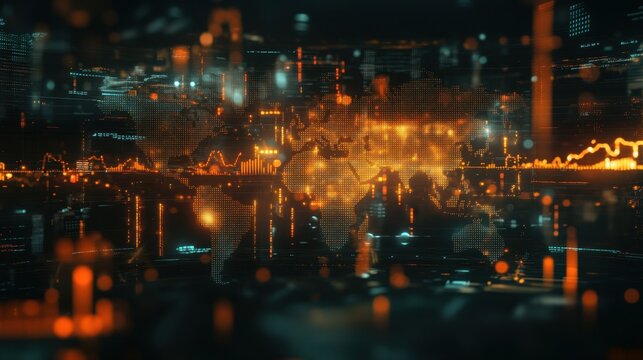Futuristic global finance concept, digital world map with glowing data points, overlay of financial charts and stock market graphs, blurred cityscape background