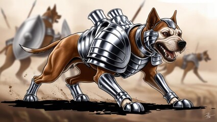 Armored dog charging forward, ready for battle with fierce determination and a powerful stance.