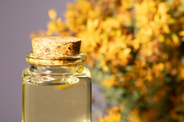 Hypericum - St. St. John's wort herbs, oil or infusion bottle, mortar on a wooden board.