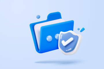 3d folder and paperwork for management file with shield protection, document organization work on project. Document with secret files icon. 3d folder secure protect icon vector render illustration