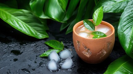 Traditional Thai bael fruit juice in a clay cup with ice and herbs, surrounded by tropical leaves