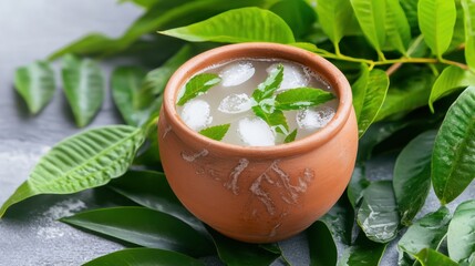 Traditional Thai bael fruit juice in a clay cup with ice and herbs, surrounded by tropical leaves