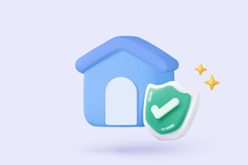 3D residence for personal loan with insurance protection icon signs. mortgage housing to money, mansion rental property of invest profit financial. 3d real estate icon vector render illustration