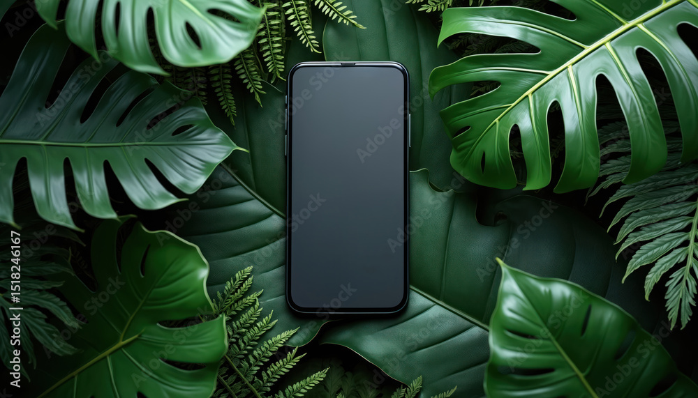Poster blank smartphone mockup placed on rich, dark green background of tropical leaves. mockup mobile phon