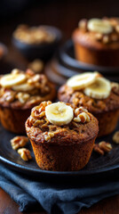 Banana cupcake topped with walnut pieces and banana slice on dark plate, delicious homemade dessert