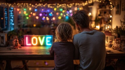 Fototapeta premium Celebrating LGBTQ Pride Together: Father and Son Decorating Home with Rainbow Lights and Signs