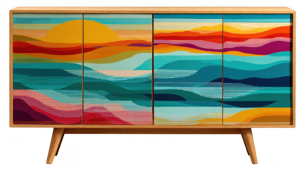 Wooden sideboard with colorful abstract sunset landscape painting on its doors, isolated on transparent background, perfect for modern interior design projects