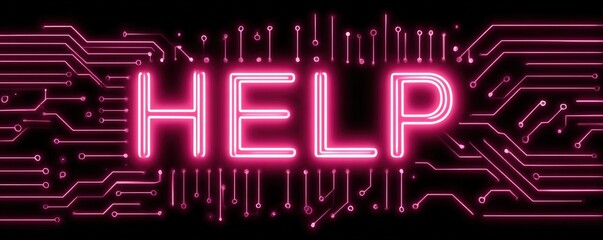 Neon "HELP" sign with circuit board lines on a black background, symbolizing technology assistance or tech support.