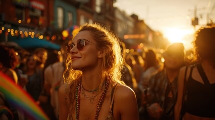 Obraz premium Golden Hour Bliss: Pride Parade Participants Relaxing and Laughing at Sunset with Rainbow Accessories