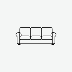 Simple black silhouette of a three-seater couch in front view. Minimalist, clean, flat icon style on white background