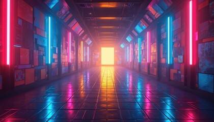 Futuristic disco tunnel with neon glowing wall panels. Interior with colorful lights reflecting on tile floor. Night club, dance party, music event, retro vibes.