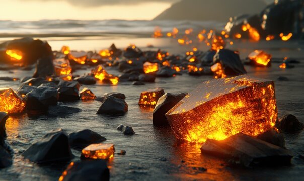 Glowing crystals on beach at sunset; fantasy landscape; digital art