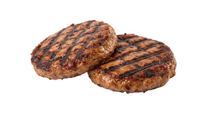 Two grilled hamburger patties isolated on transparent background
