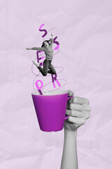 Pop art collage of person stand win above cup with letters on pink background