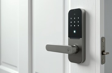 Smart door lock system, digital keypad, fingerprint scanner, keyhole on white door. Modern house security, technology, wireless access, smart home automation. Innovation, privacy, protection.