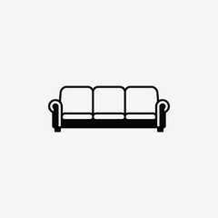 Simple black silhouette of a three-seater couch in front view. Minimalist, clean, flat icon style on white background
