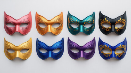 A captivating array of colorful masks arranged elegantly, perfect for festive occasions, events, or creative decorations, each with a unique design and vibrant hue