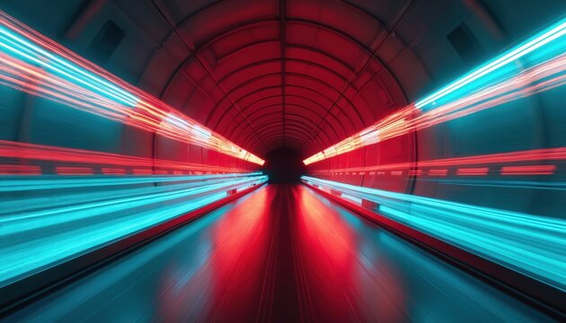 Fototapeta Abstract tunnel with red and blue light trails. Zoom movement, long exposure. Futuristic highway, vehicle acceleration, creating velocity, high speed, transportation technology.