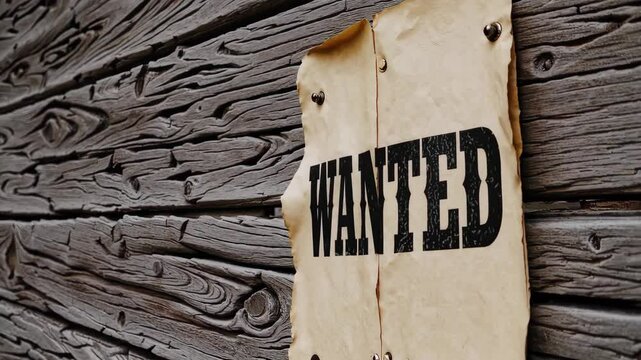 Old wanted poster on rustic wooden wall, evoking wild west vintage aesthetics, outlaw culture, and historical law enforcement symbolism in sepia-toned scene