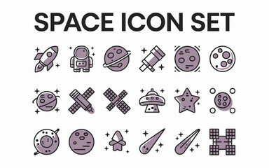 Space Icons Set Astronaut Rocket Planets Stars Moon Satellite UFO Galaxy Nebula Cosmic Exploration Universe Design Elements Cartoon Style Colorful Flat Vector Illustration Graphic Design sky sun solar