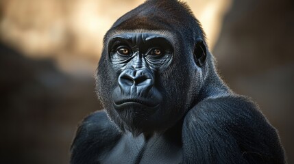 Obraz premium A striking portrait of a powerful gorilla, exhibiting intelligence and intense gaze.