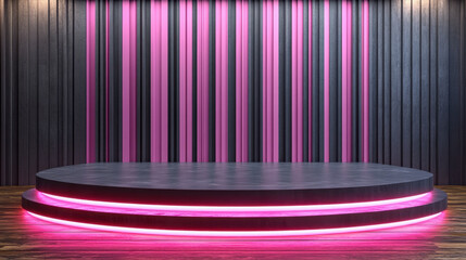 A modern empty stage featuring vibrant pink neon lights and a striped wall, ideal for creative presentations or performance events, showcasing elegance and style