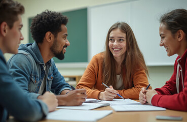 Group teenage students work together on school project in class. Classmates collaborate, discuss ideas, smile. Caucasian, african american pupils enjoy teamwork, studying lesson at table. Education