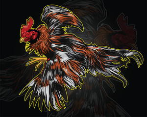 A rooster with a red tail and a white tail is flying in the air. © MarKeR