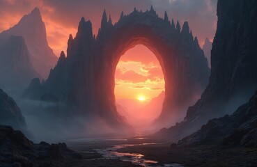Dramatic fantasy landscape with sunrise. Mountains, rock formations with an arch and fog, surreal scenic view. AI-generated illustration for book cover, poster, game environment.