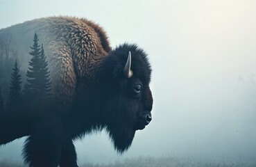 Double exposure art, wild bison silhouette on forest mountain background. Majestic animal, strong bull, nature, wildlife, travel, adventure, amerindian symbol, canada, alaska. Ideal for posters