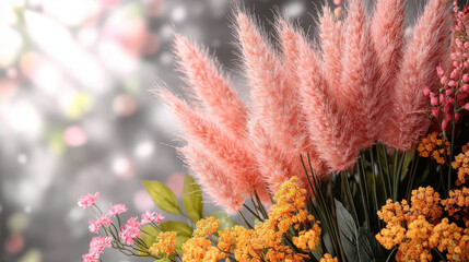 A stunning arrangement of pink pampas grass and vibrant flowers captures the essence of spring. Soft light creates a dreamy backdrop, enhancing natural beauty