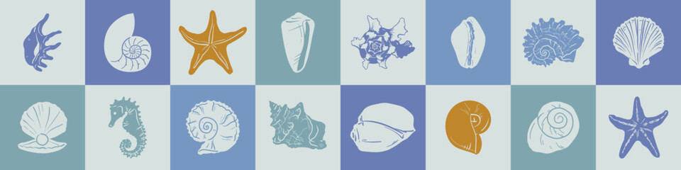 Colorful pastel blue boho sea shell set. Hand drawn drawing illustration for logo, print, menu.Summer beach ink doodle elements. Vector coastal marine design icons.Clam, conch, cockle, scallop shells.