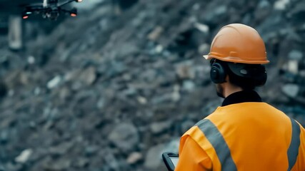 Construction worker safety vest and orange helmet uses drone for outdoor technology monitoring industrial engineering site, observing drone flying over rubble and machinery, showcasing construction - Powered by Adobe