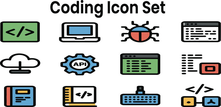 Colorful Coding Icons Set Modern Flat Design Programming Development Software Application Interface Elements Web Development Digital Technology Computer Network API Bug Laptop Keyboard ui ux css code 