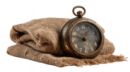 Antique pocket watch rests on a folded piece of burlap cloth, showcasing its vintage charm against a transparent background, perfect for designs related to time, history, or nostalgia